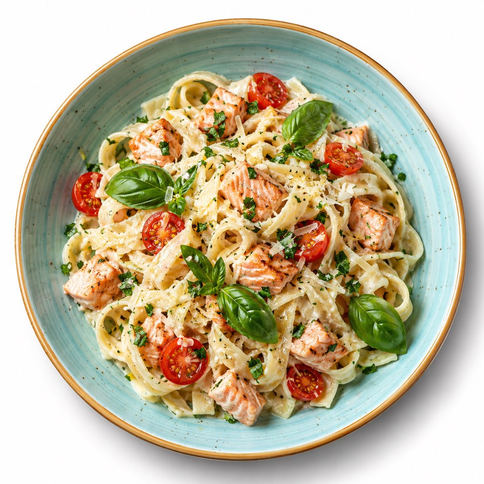 Pasta mit Lachs, Tomaten und frischem Basilikum