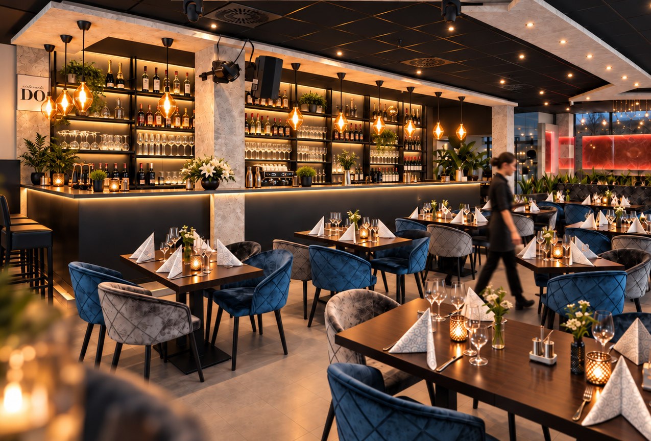 Stilvoll eingerichteter Gastraum des FAME Restaurants mit gedeckten Tischen und Bar